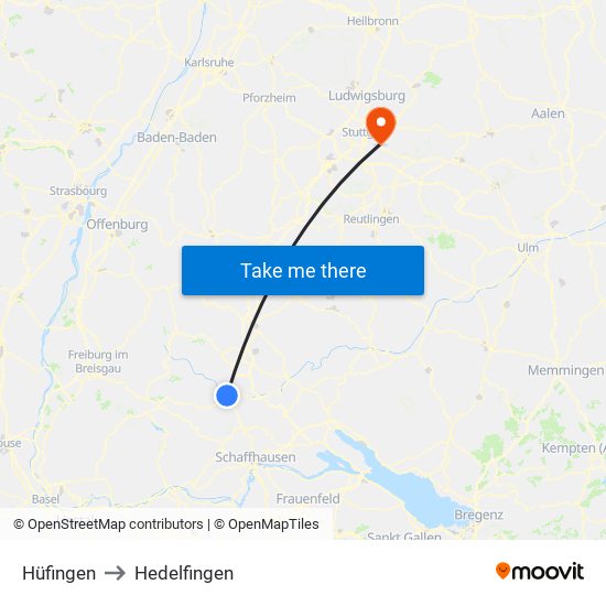 Hüfingen to Hedelfingen map
