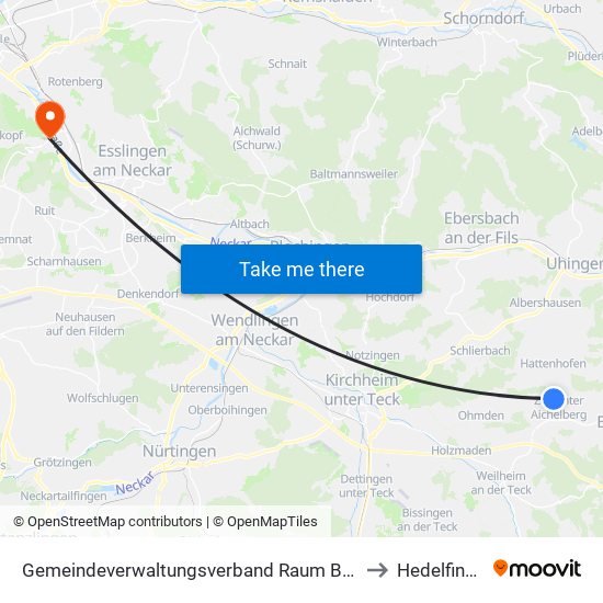 Gemeindeverwaltungsverband Raum Bad Boll to Hedelfingen map