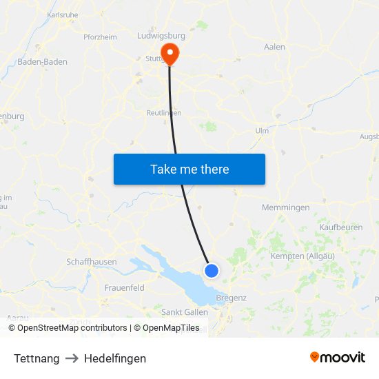 Tettnang to Hedelfingen map