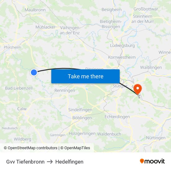 Gvv Tiefenbronn to Hedelfingen map