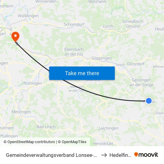 Gemeindeverwaltungsverband Lonsee-Amstetten to Hedelfingen map