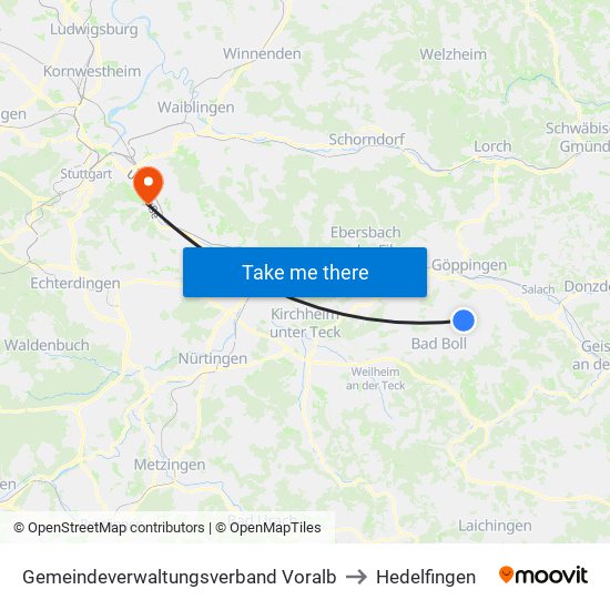 Gemeindeverwaltungsverband Voralb to Hedelfingen map