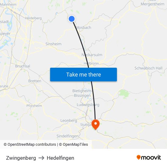 Zwingenberg to Hedelfingen map