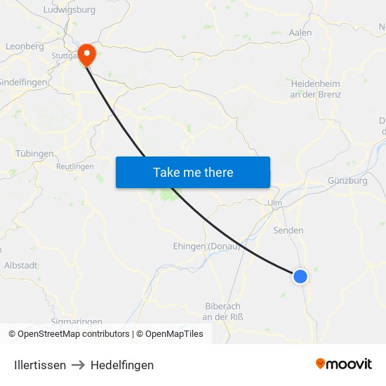 Illertissen to Hedelfingen map