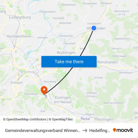 Gemeindeverwaltungsverband Winnenden to Hedelfingen map