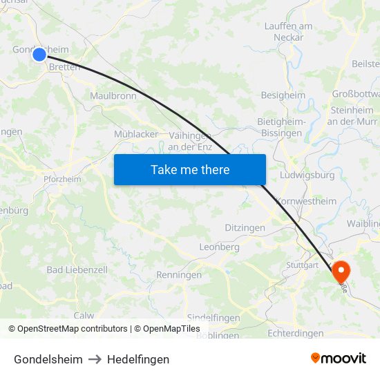 Gondelsheim to Hedelfingen map