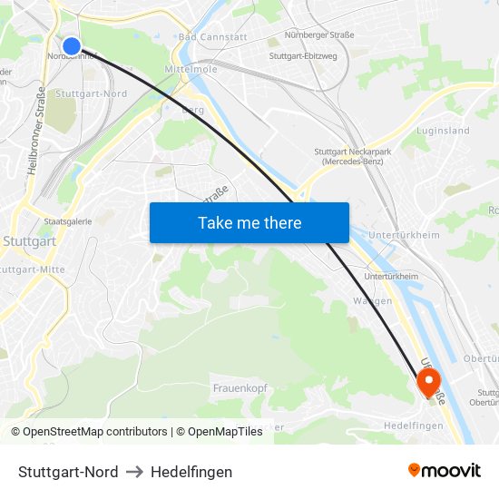 Stuttgart-Nord to Hedelfingen map