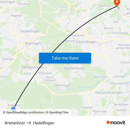 Breitenholz to Hedelfingen map