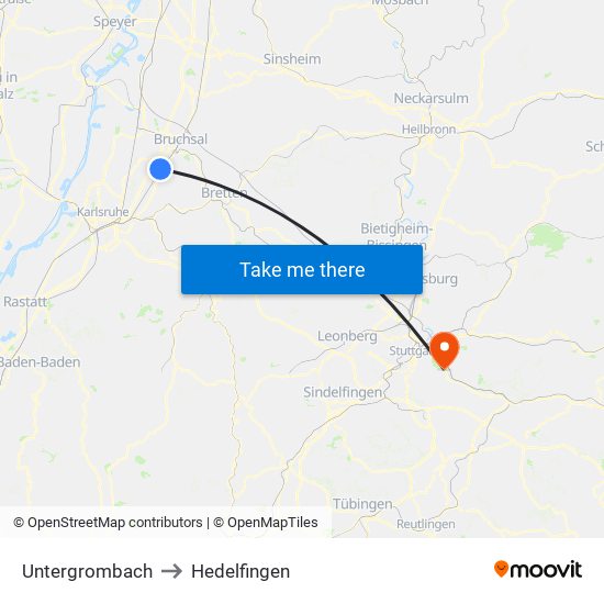 Untergrombach to Hedelfingen map