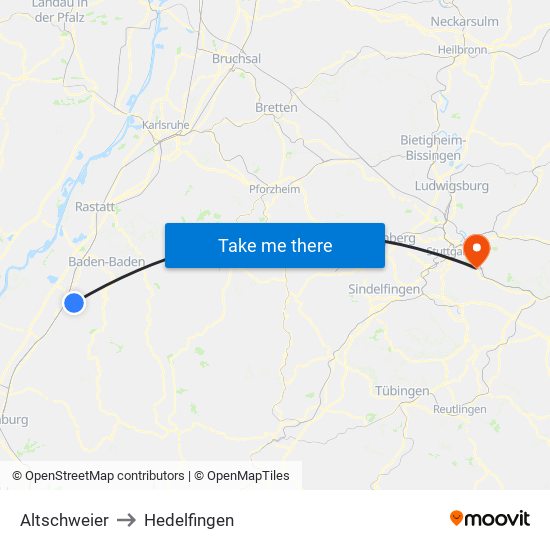 Altschweier to Hedelfingen map
