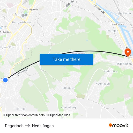 Degerloch to Hedelfingen map