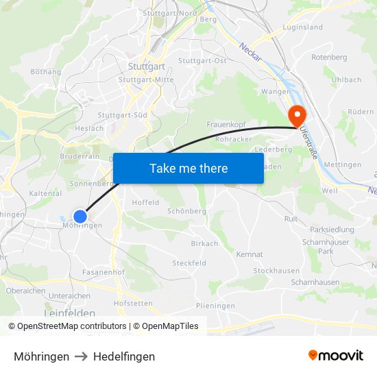 Möhringen to Hedelfingen map