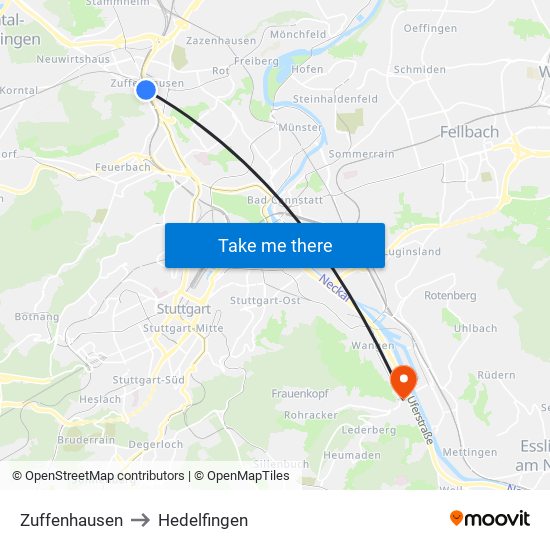 Zuffenhausen to Hedelfingen map