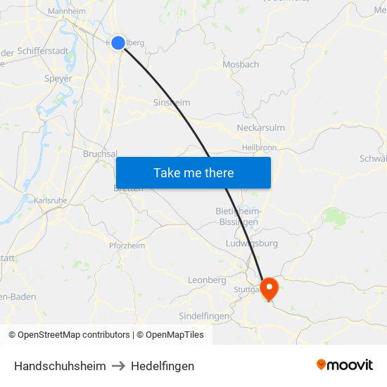 Handschuhsheim to Hedelfingen map