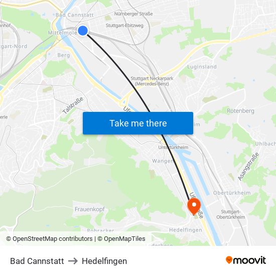 Bad Cannstatt to Hedelfingen map