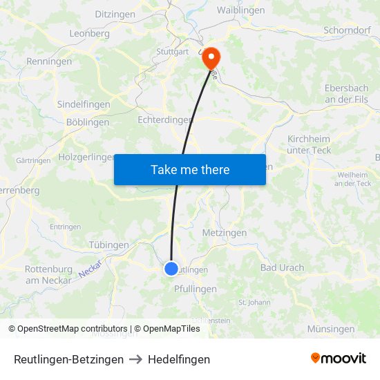 Reutlingen-Betzingen to Hedelfingen map