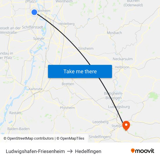 Ludwigshafen-Friesenheim to Hedelfingen map