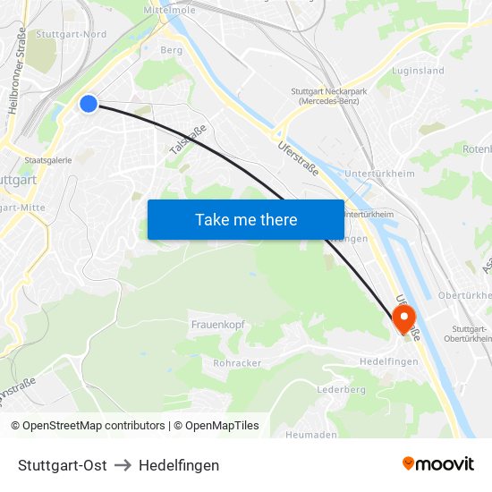 Stuttgart-Ost to Hedelfingen map