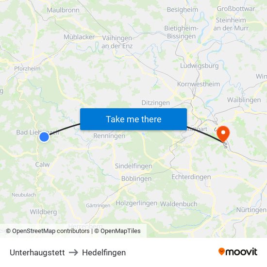 Unterhaugstett to Hedelfingen map