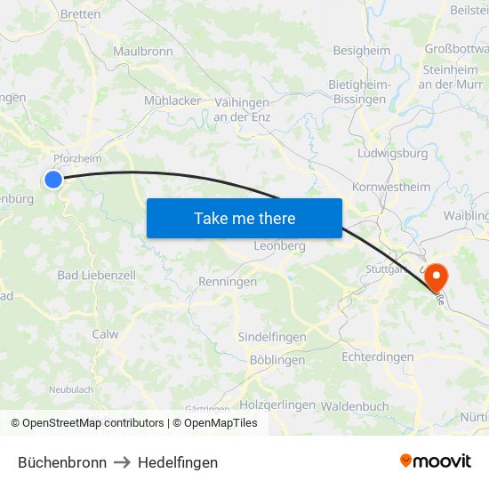 Büchenbronn to Hedelfingen map