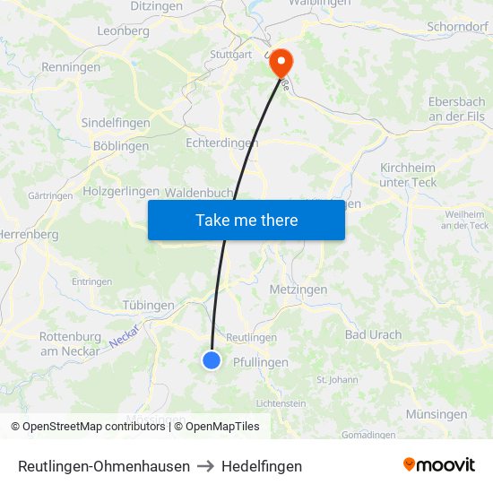 Reutlingen-Ohmenhausen to Hedelfingen map