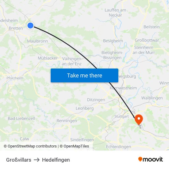 Großvillars to Hedelfingen map