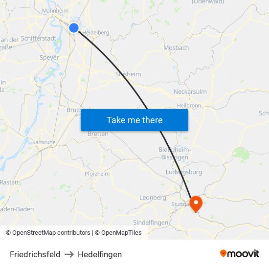 Friedrichsfeld to Hedelfingen map