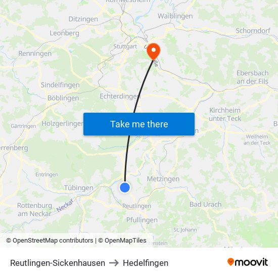 Reutlingen-Sickenhausen to Hedelfingen map