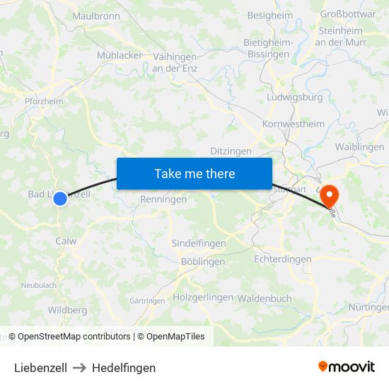 Liebenzell to Hedelfingen map