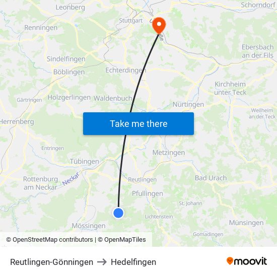 Reutlingen-Gönningen to Hedelfingen map