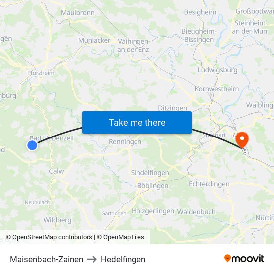 Maisenbach-Zainen to Hedelfingen map