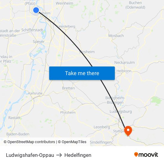 Ludwigshafen-Oppau to Hedelfingen map