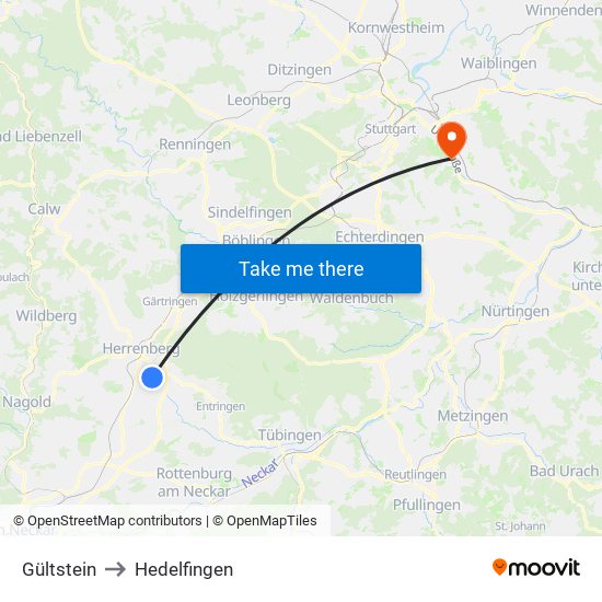 Gültstein to Hedelfingen map