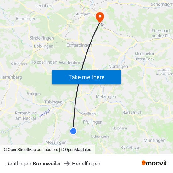 Reutlingen-Bronnweiler to Hedelfingen map
