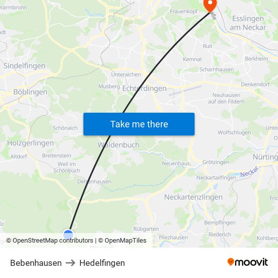 Bebenhausen to Hedelfingen map