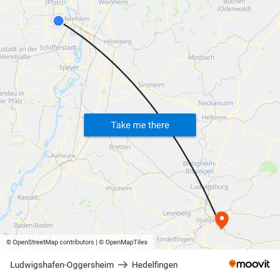 Ludwigshafen-Oggersheim to Hedelfingen map