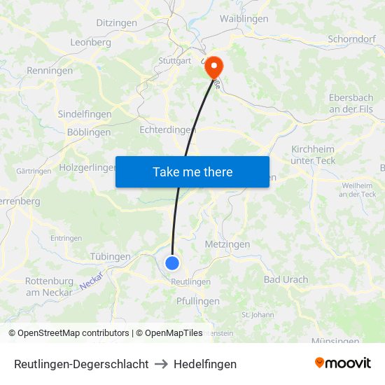 Reutlingen-Degerschlacht to Hedelfingen map