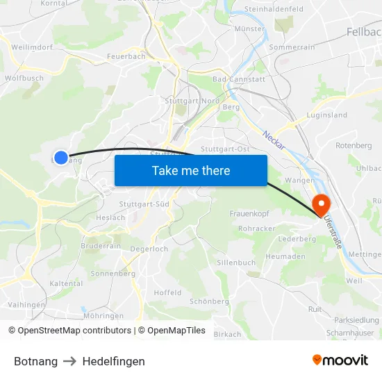 Botnang to Hedelfingen map