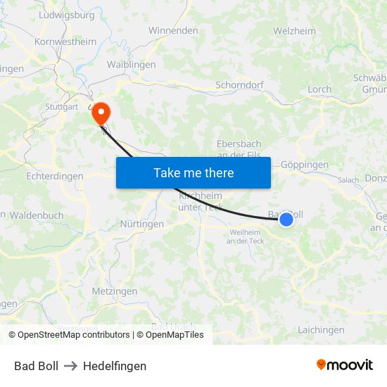 Bad Boll to Hedelfingen map