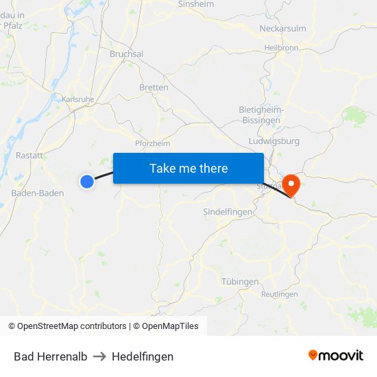 Bad Herrenalb to Hedelfingen map