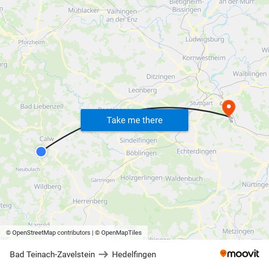 Bad Teinach-Zavelstein to Hedelfingen map