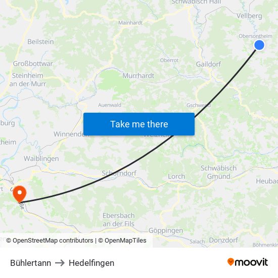 Bühlertann to Hedelfingen map