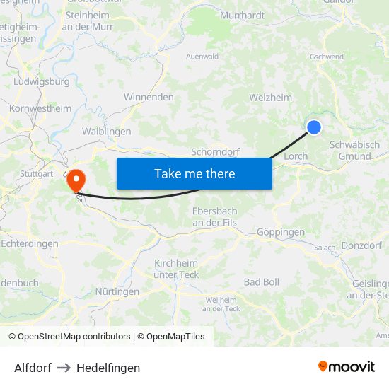 Alfdorf to Hedelfingen map