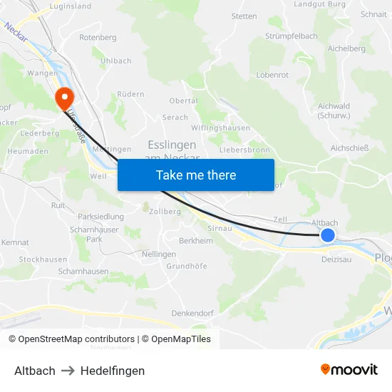 Altbach to Hedelfingen map
