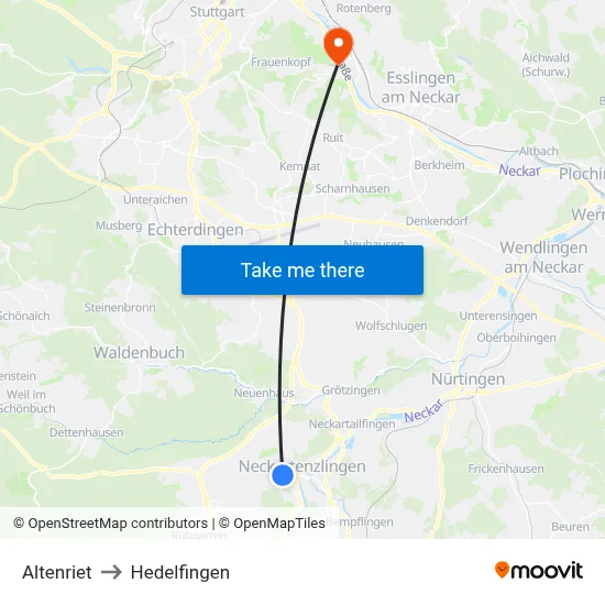 Altenriet to Hedelfingen map