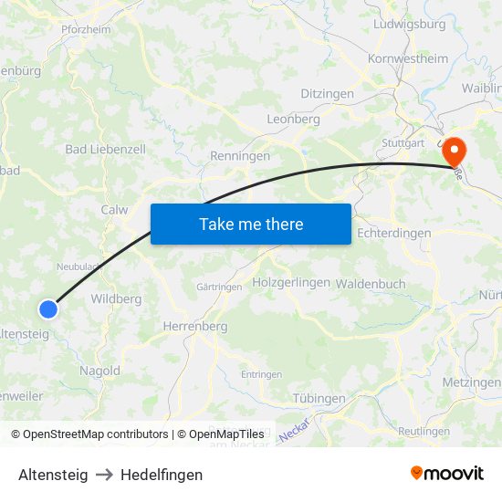 Altensteig to Hedelfingen map