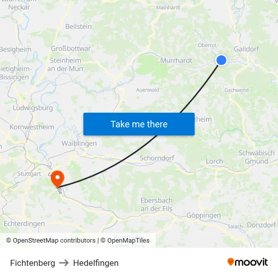 Fichtenberg to Hedelfingen map
