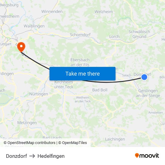 Donzdorf to Hedelfingen map