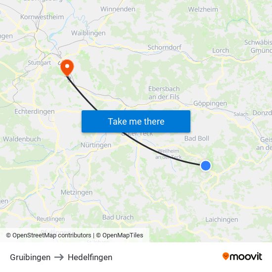 Gruibingen to Hedelfingen map