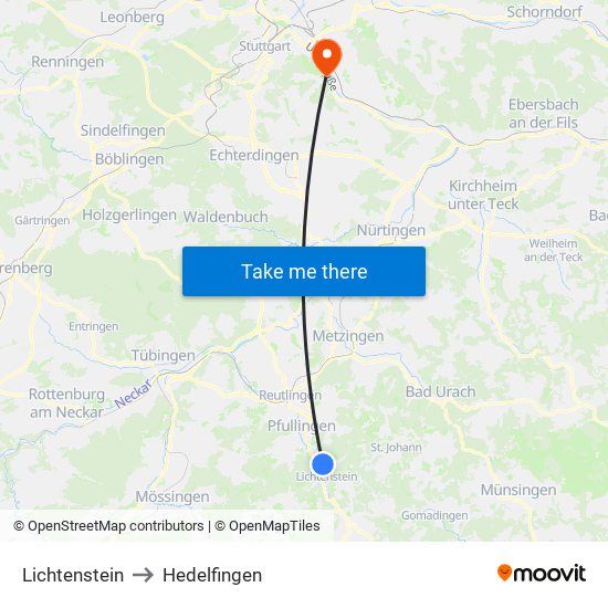 Lichtenstein to Hedelfingen map